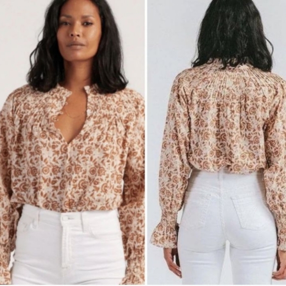 Cloebella Rezza Floral Neutral Metallic Smocked Sleeve Blouse Medium - Picture 3 of 15